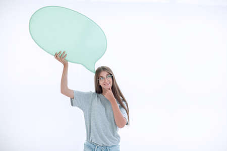 dreamy young woman with a speech bubble.