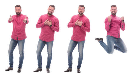 collage of photos of a modern man in a red shirt.