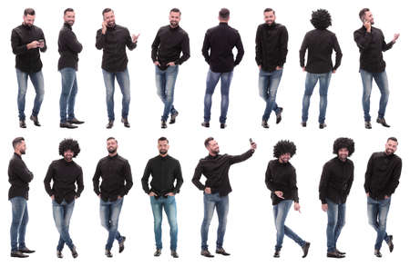 collage of photos of a cheerful young man in jeans. isolated on a white background