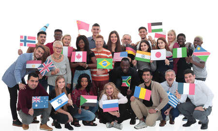 Large group of people with flags isolated over white backgroundの写真素材