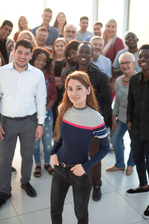 Leader woman and work group in the bright office