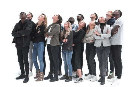 young people look up on a white backgroundの写真素材
