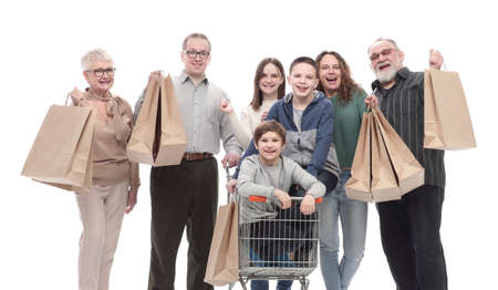in full growth. family with shopping bags .の写真素材