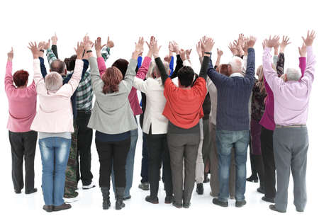 Group of adults people raising their hands up