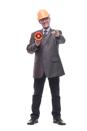 business man in a protective helmet with a megaphone.の写真素材