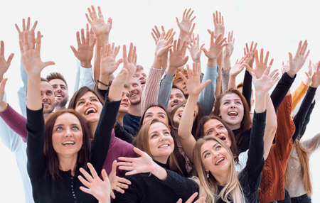 group of happy young people looking at a virtual screen