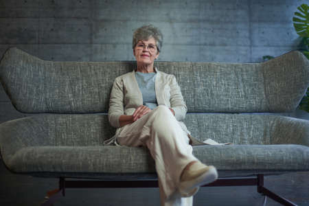 Smiling middle aged mature grey haired woman looking at camera, happy old lady in glasses posing at home indoorの写真素材