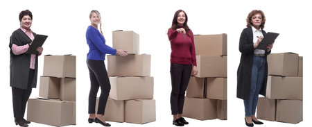 Collage of people lifting heavy cardboard box isolated