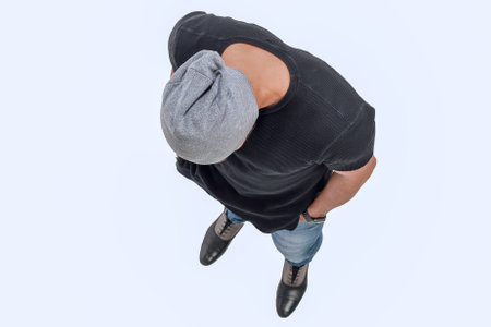 top view. young man in black t-shirt stepping forwardの写真素材