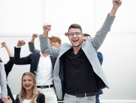 group of happy employees applauds in the conference roomの写真素材