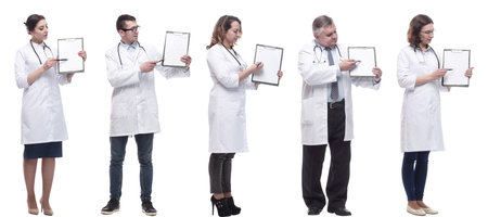 full length group of doctors with notepad isolated