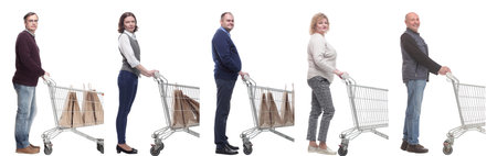 group of people with cart looking at camera isolated