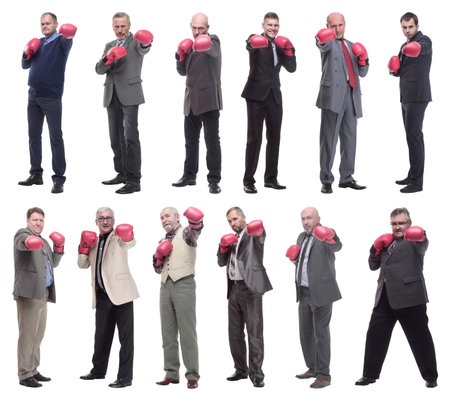 collage of businessmen in boxing gloves isolatedの写真素材