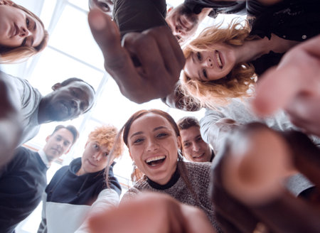 close up . group of happy young people .の写真素材