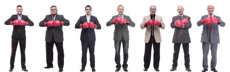 collage of businessmen in boxing gloves isolatedの写真素材