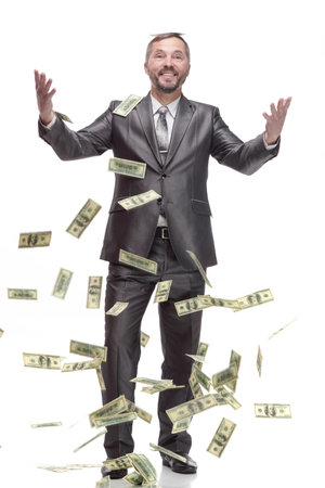 in full growth. happy business man with dollar bills.の写真素材