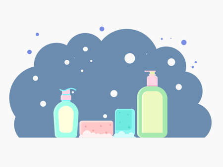 Health and clean equipment, soap and hand sanitizer. Medical and care flat illustration. Design for...
