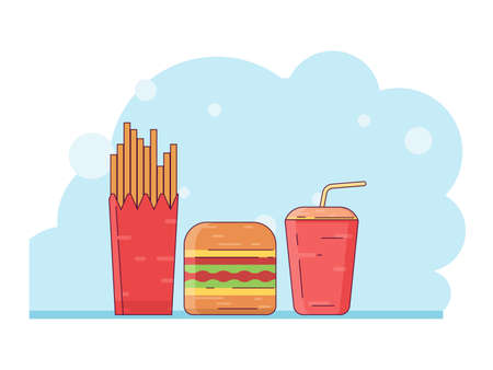 Food and drink vector illustration; fast food design concept with filled line style. Design for wallpaper, backdrop, presentation, banner etc.のイラスト素材