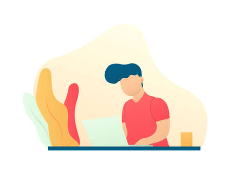 People is working something in his device, business and technology flat illustration. Design for banner, wallpaper, backdrop, presentation etc.のイラスト素材