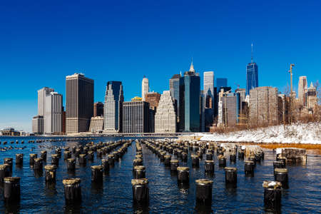 Winter Lower Manhattan Skyline with snow, New York United Statesの写真素材