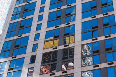 Close up detail of building exterior with reflection, Midtown Manhattan, New York City, United Statesのeditorial素材