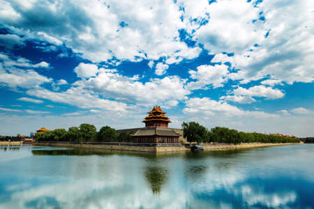 Forbidden City Moat, Corner Towers, Beijing, Chinaの写真素材