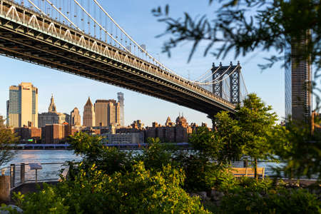 New York City / USA - JUN 25 2018: Brooklyn Bridge Park with Lower Manhattan skyline at sunrise