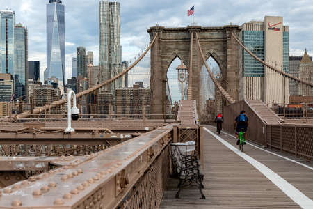 New York City / USA - JUN 20 2018: Brooklyn Bridge with building in Lower Manhattan at early morning in New York Cityのeditorial素材