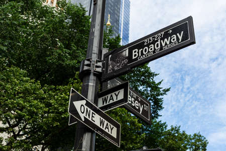 New York City / USA - JUN 20 2018: Broadway street sign in the Financial District of Lower Manhattan...