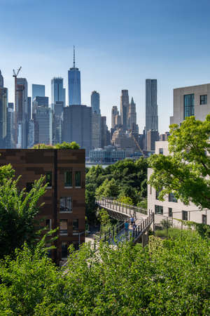 New York, City / USA - JUL 10 2018: Lower Manhattan skyline daylight view from Brooklyn Queens Expressway in Brooklyn Heightsのeditorial素材