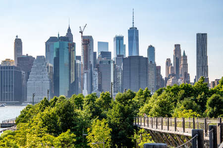 New York, City / USA - JUL 10 2018: Lower Manhattan skyline daylight view from Brooklyn Queens Expressway in Brooklyn Heightsのeditorial素材