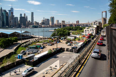 New York, City / USA - JUL 10 2018: Fort Stirling Park in clear afternoon of Lower Manhattan Skyline...