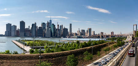 New York, City / USA - JUL 10 2018: Fort Stirling Park in clear afternoon of Lower Manhattan Skyline view from Brooklyn New York Cityのeditorial素材