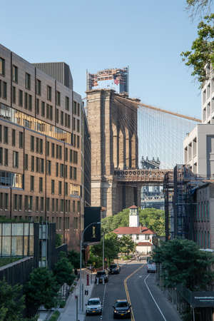 New York, City / USA - JUL 10 2018: 1 Hotel and Brooklyn Bridge in daylight view from Brooklyn Heights neighborhoodのeditorial素材