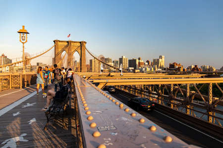 New York, City / USA - JUL 10 2018:Waking on Brooklyn Bridge in hot summer afternoonのeditorial素材