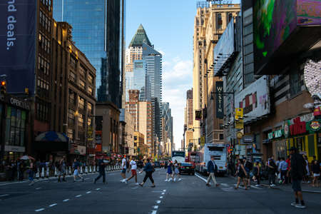 New York City / USA - JUL 13 2018: Seventh avenue street view at rush hour in midtown Manhattanのeditorial素材