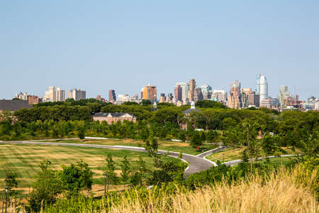 New York City / USA - JUL 14 2018: Brooklyn Downtown Skyline view from Outlook Hill on Governors Islandのeditorial素材