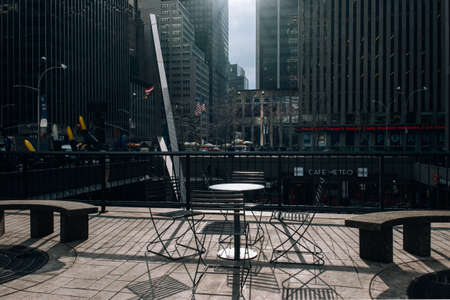 New York City - USA - DEC 17 2018: Restaurant, old buildings, storefront of Rockefeller Center...