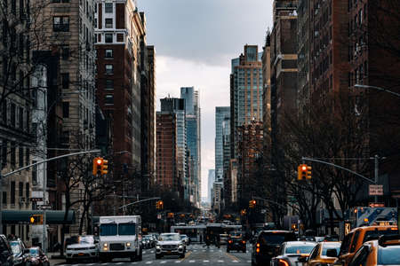 New York City - USA - Mar 18 2019: Sunset at historical and morden buildings in Amsterdan Avenue Upper West Sideのeditorial素材