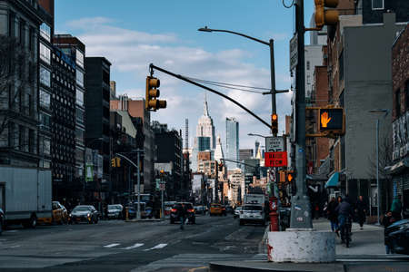 New York City - USA - Mar 19 2019: Bowery Street view of Chinatown in Lower Manhattanのeditorial素材