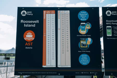 New York City - USA - May 15 2019: Information board of ferry on East Riverside on Roosevelt Islandのeditorial素材