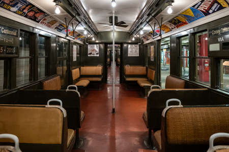 Brooklyn NY - USA - Jul 9 2019: Vintage subway train car in New York Transit Museum located in downtown Brooklynのeditorial素材