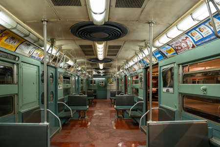 Brooklyn NY - USA - Jul 9 2019: Vintage subway train car in New York Transit Museum located in downtown Brooklynのeditorial素材