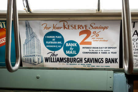 Brooklyn NY - USA - Jul 9 2019: Vintage subway train car in New York Transit Museum located in downtown Brooklynのeditorial素材
