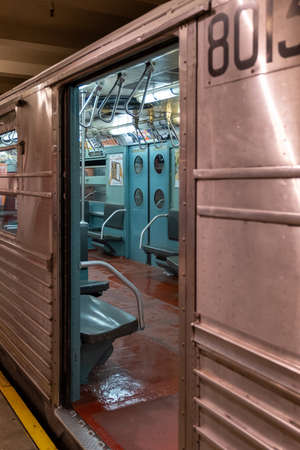 Brooklyn NY - USA - Jul 9 2019: Vintage subway train car in New York Transit Museum located in downtown Brooklynのeditorial素材
