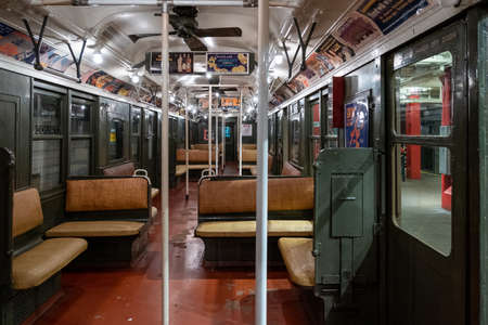 Brooklyn NY - USA - Jul 9 2019: Vintage subway train car in New York Transit Museum located in downtown Brooklynのeditorial素材