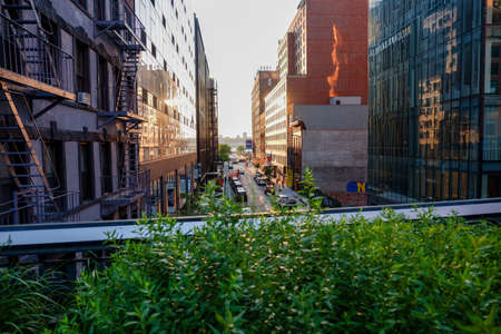 New York NY - USA - Jul 24 2019: The High Line Park in New York with locals and tourists. The High Line is a popular linear park built on the elevated train tracks above Tenth Ave in New York Cityのeditorial素材