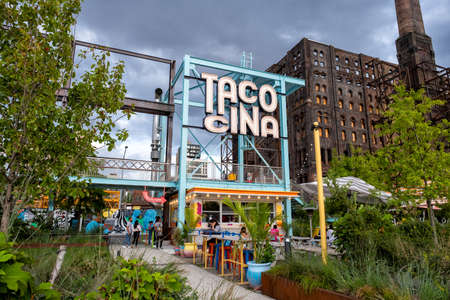 Brooklyn NY - USA - Aug 26 2019: Domino Park in Williamsburg Brooklyn, Old sugar factory
