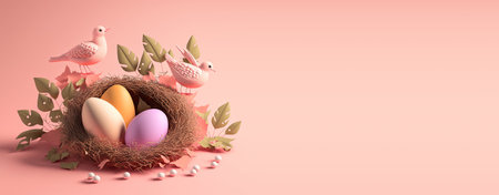 Illustration of background Easter day with eggs, nest, and copy space for bannerの写真素材