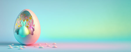 Easter day illustration banner background with eggs and bunnyの写真素材